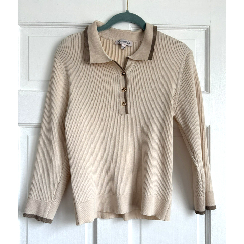 Nanette Lepore Cream Ribbed Knit Polo‎ Sweater Long Sleeve Gold Buttons Large